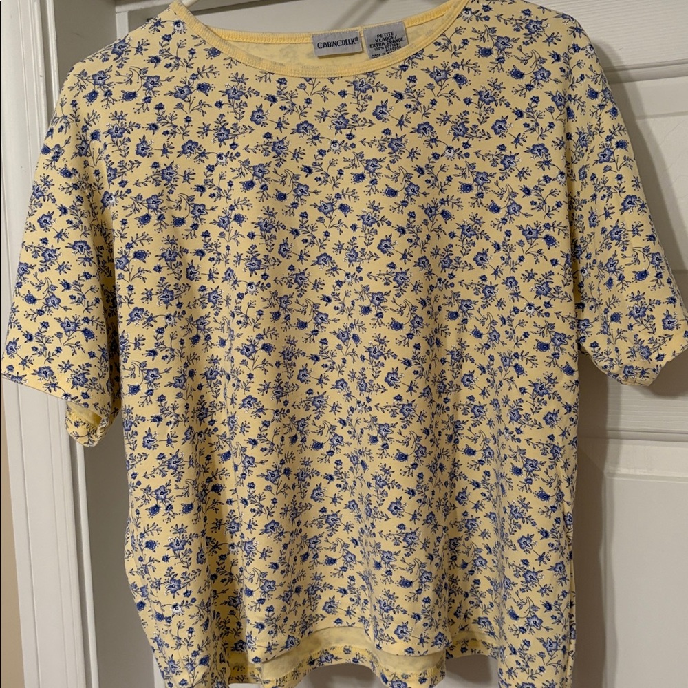 Vintage Cabin Creek yellow & blue floral 100% cotton soft light tshirt petite xl
